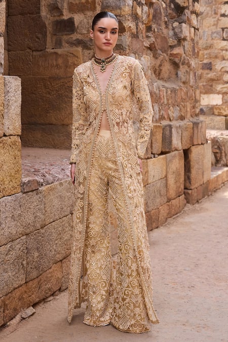 Awigna Gold Net Sequins, Embroidery V-neck Champagne Embellished Long Jacket With Pant 