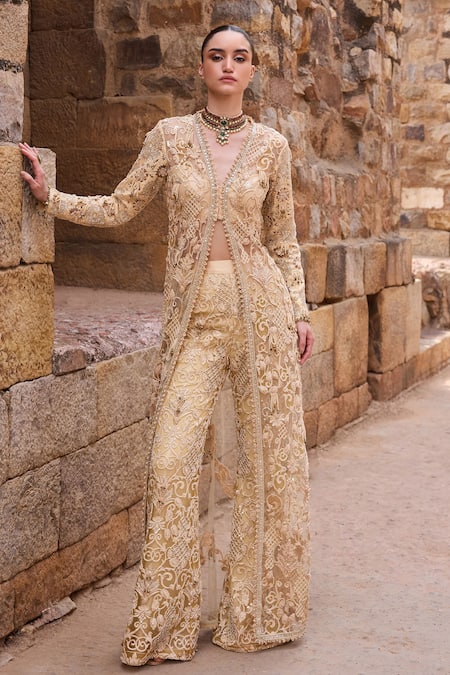Buy_Awigna_Gold Net Sequins, Embroidery V-neck Champagne Embellished Long Jacket With Pant 
