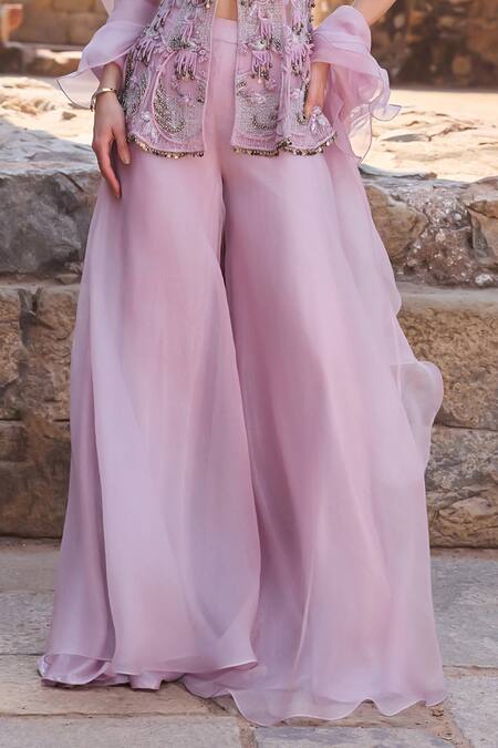 Awigna_Purple Organza Embroidery High Neck Lilac Kurta Sharara Set _Online_at_Aza_Fashions