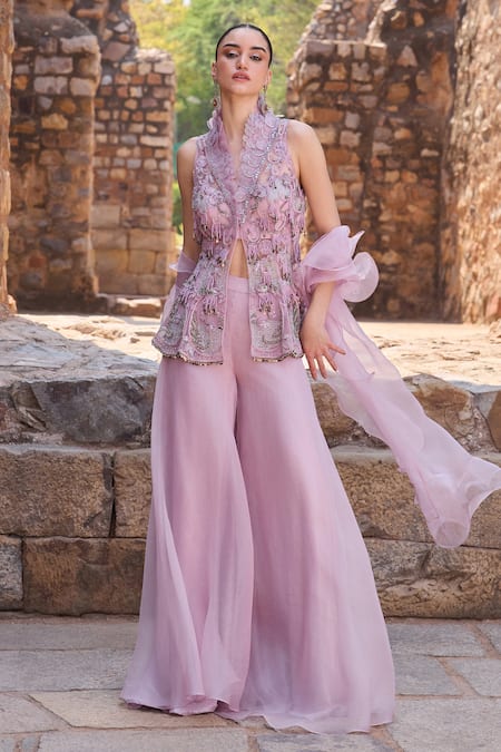 Buy_Awigna_Purple Organza Embroidery High Neck Lilac Kurta Sharara Set _Online_at_Aza_Fashions