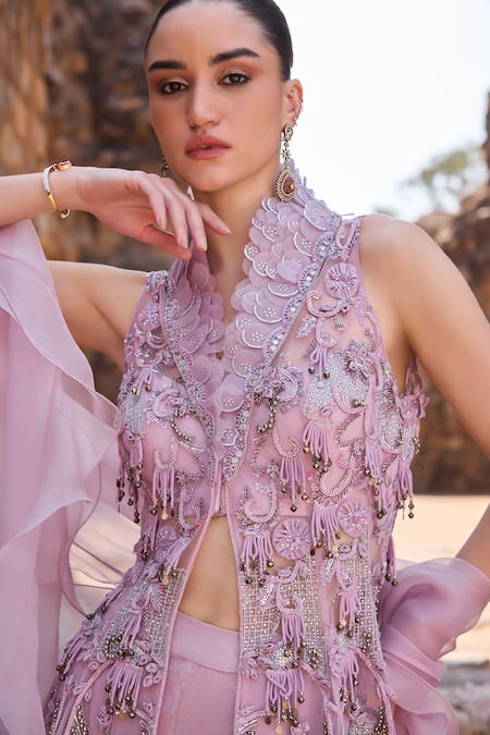 Shop_Awigna_Purple Organza Embroidery High Neck Lilac Kurta Sharara Set _Online_at_Aza_Fashions