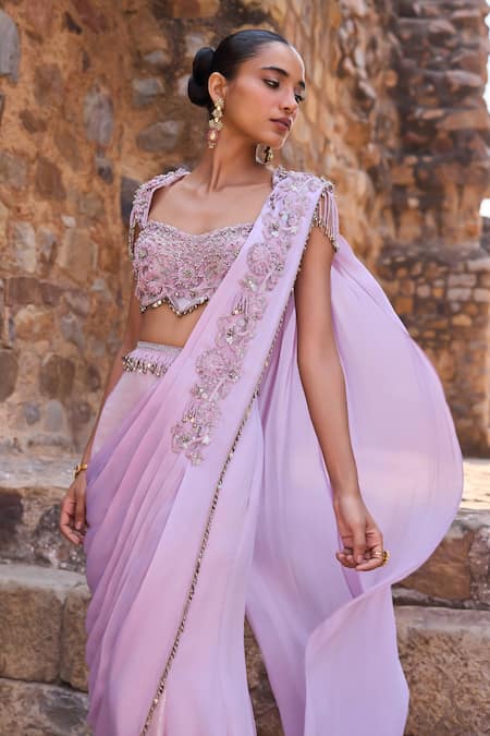 Awigna_Purple Silk Sequins, Embroidery, Beads Square Neck Pre-draped Saree With Blouse _Online_at_Aza_Fashions