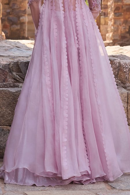 Awigna_Purple Organza Beads, Embroidery V-neck Lilac Long Jacket With Skirt Set _Online_at_Aza_Fashions