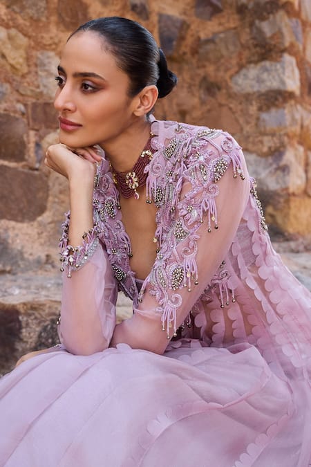 Buy_Awigna_Purple Organza Beads, Embroidery V-neck Lilac Long Jacket With Skirt Set _Online_at_Aza_Fashions