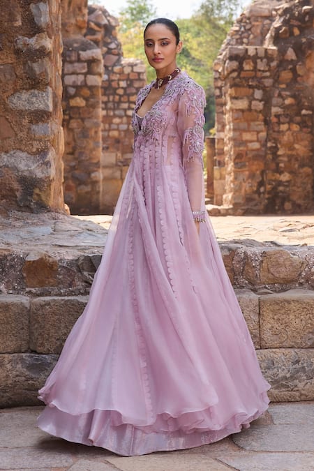 Shop_Awigna_Purple Organza Beads, Embroidery V-neck Lilac Long Jacket With Skirt Set _Online_at_Aza_Fashions