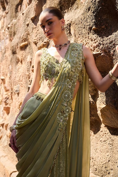 Buy_Awigna_Silk Embroidery Round Neck Sage Green Pre-draped Saree And Blouse Set _Online_at_Aza_Fashions