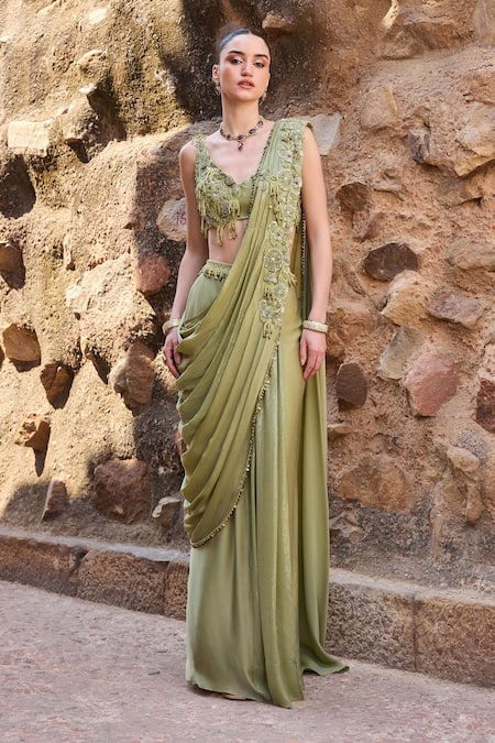 Shop_Awigna_Silk Embroidery Round Neck Sage Green Pre-draped Saree And Blouse Set _Online_at_Aza_Fashions