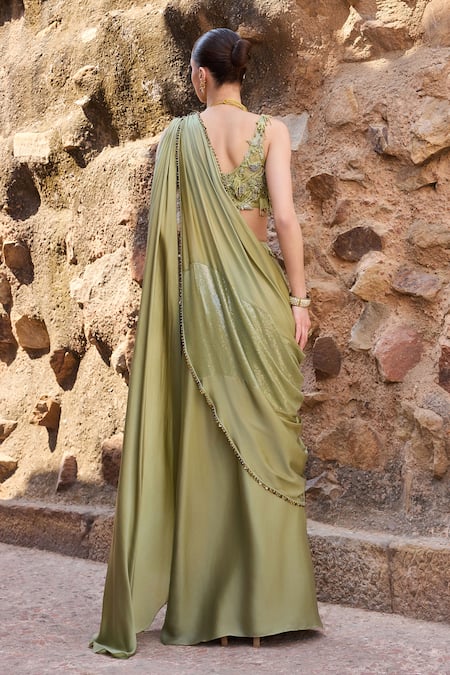 Awigna Sage Green Pre-Draped Saree & Embroidered Blouse Set 