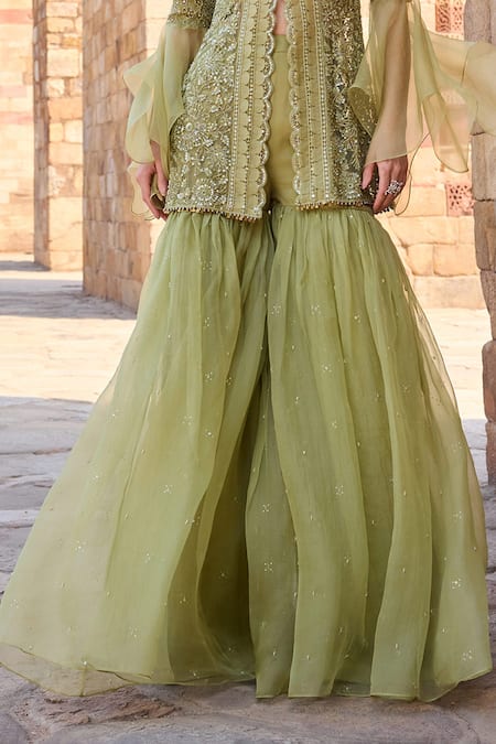 Awigna_Green Organza Sequins Round Neck Embroidered Kurta With Sharara _Online_at_Aza_Fashions