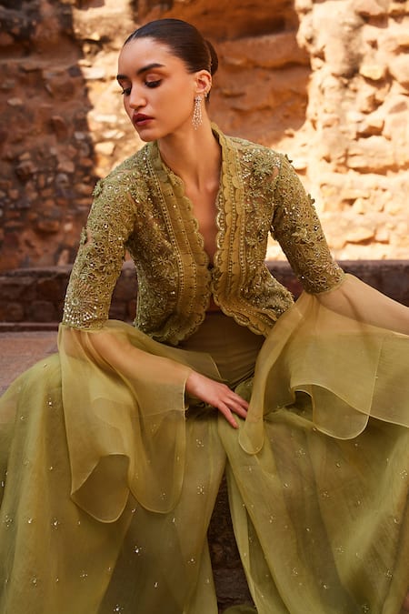 Buy_Awigna_Green Organza Sequins Round Neck Embroidered Kurta With Sharara _Online_at_Aza_Fashions