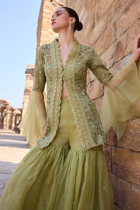 Shop_Awigna_Green Organza Sequins Round Neck Embroidered Kurta With Sharara _Online_at_Aza_Fashions