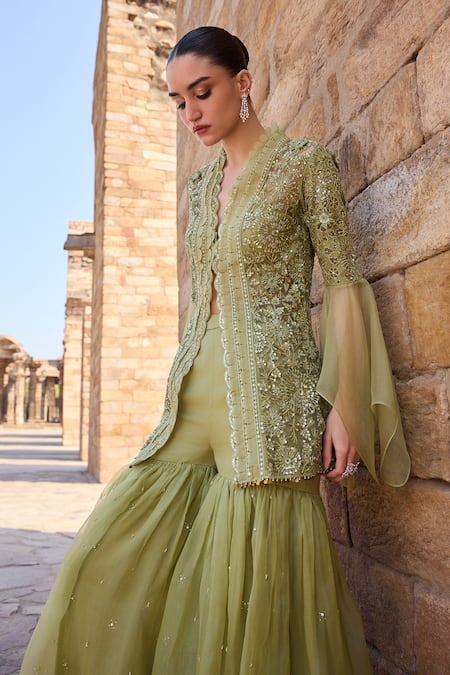 Awigna_Green Organza Sequins Round Neck Embroidered Kurta With Sharara _at_Aza_Fashions