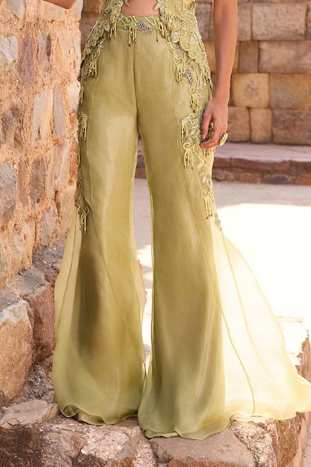 Buy_Awigna_Green Silk Embroidery, Beads, Sequins Sage Embellished Top And Pant Co-ord Set _Online_at_Aza_Fashions