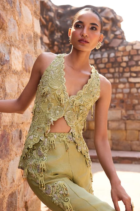 Shop_Awigna_Green Silk Embroidery, Beads, Sequins Sage Embellished Top And Pant Co-ord Set _Online_at_Aza_Fashions