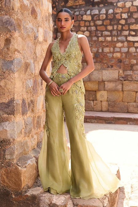 Awigna Sage Green Embellished Top & Pant Co-ord Set 
