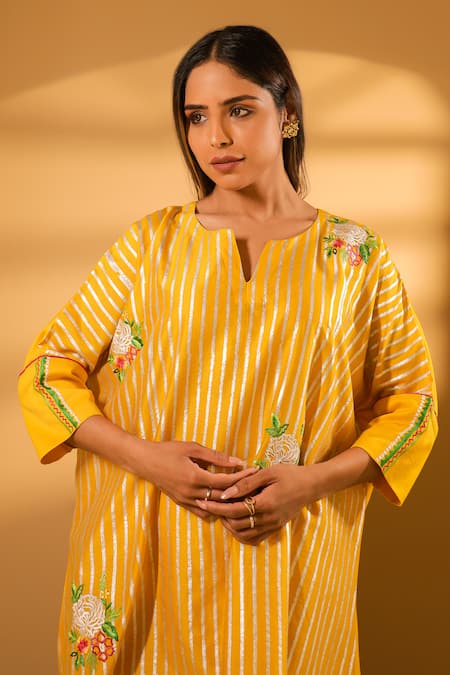 Buy_BO Tree_Yellow Chanderi Embroidery Split V-neck Maha Kaftan With Pant _Online_at_Aza_Fashions