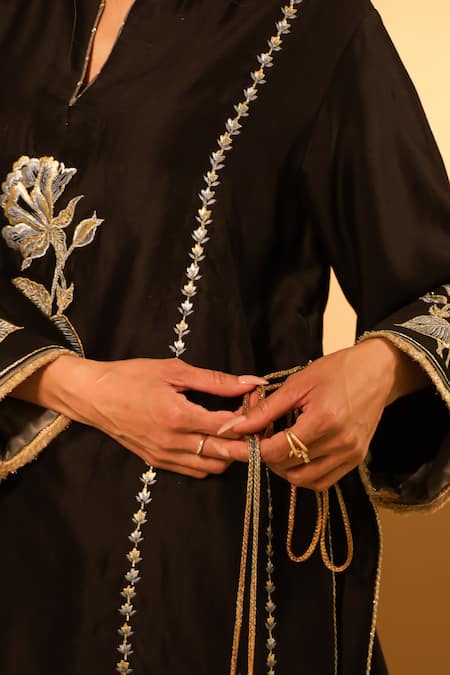 Shop BO Tree Black Chanderi, Organza Embroidery Notched Neck Elaya Rose Kurta With Pant Online at Aza Fashions Shop_BO Tree_Black Chanderi, Organza Embroidery Notched Neck Elaya Rose Kurta With Pant _Online_at_Aza_Fashions