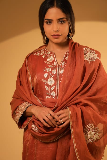 Shop_BO Tree_Rust Tissue, Cotton Embroidery Notched Neck Yasrin Thread Kurta Set _Online_at_Aza_Fashions