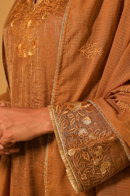 BO Tree_Mustard Cotton, Tissue Embroidery V-neck Mayra Thread Kurta Set _at_Aza_Fashions