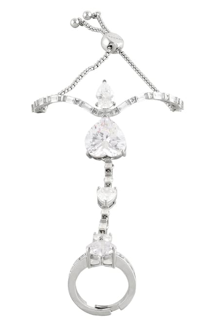 Shop Isharya White Imitation Diamonds Celeste Heart Bolo Rhodium Plated Bracelet at Aza Fashions Shop_Isharya_White Imitation Diamonds Celeste Heart Bolo Rhodium Plated Bracelet _at_Aza_Fashions