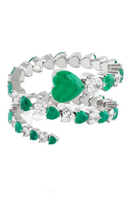 Shop Isharya Green Gemstones, Crystals Emerald Enchantment Rhodium Plated Wrap Cuff at Aza Fashions Shop_Isharya_Green Gemstones, Crystals Emerald Enchantment Rhodium Plated Wrap Cuff_at_Aza_Fashions