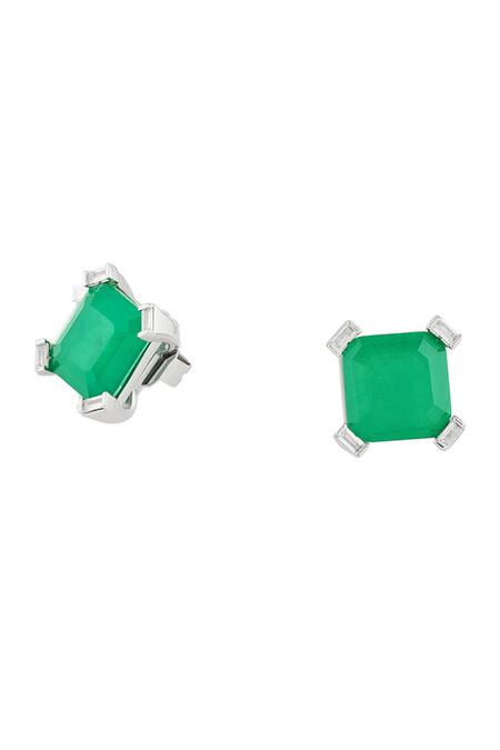 Isharya Green Imitation Gemstones Emerald Luxe Square Rhodium Plated Studs Online at Aza Fashions Isharya_Green Imitation Gemstones Emerald Luxe Square Rhodium Plated Studs_Online_at_Aza_Fashions
