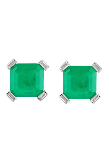 Shop Isharya Green Imitation Gemstones Emerald Luxe Square Rhodium Plated Studs at Aza Fashions Shop_Isharya_Green Imitation Gemstones Emerald Luxe Square Rhodium Plated Studs_at_Aza_Fashions