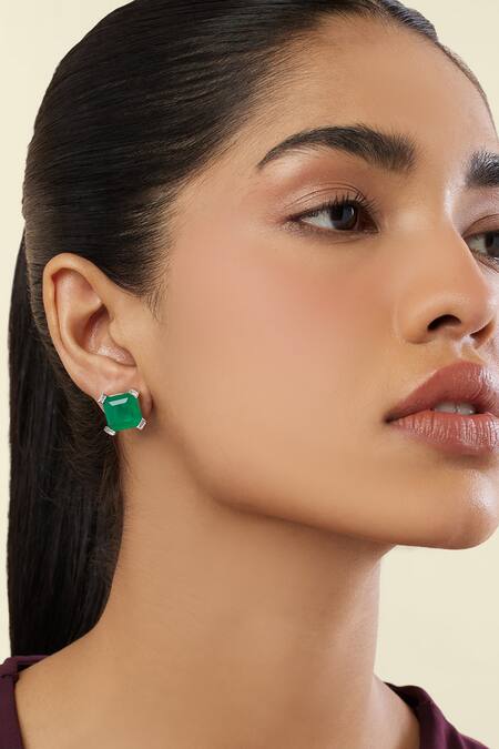 Shop Isharya Green Imitation Gemstones Emerald Luxe Square Rhodium Plated Studs Online at Aza Fashions Shop_Isharya_Green Imitation Gemstones Emerald Luxe Square Rhodium Plated Studs_Online_at_Aza_Fashions