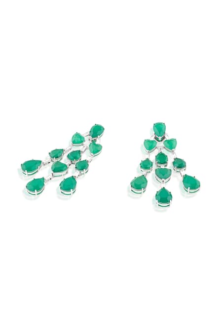Isharya_Green Gemstones, Crystals Emerald Waterfall Luxe Rhodium Plated Earrings _Online_at_Aza_Fashions