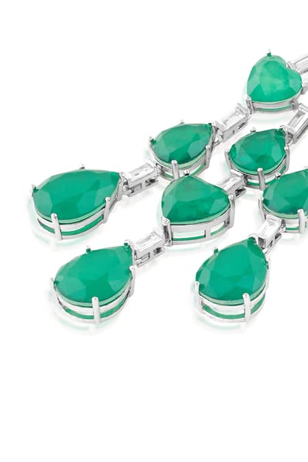 Buy_Isharya_Green Gemstones, Crystals Emerald Waterfall Luxe Rhodium Plated Earrings _Online_at_Aza_Fashions
