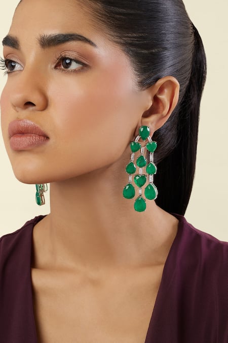 Isharya Green Gemstones, Crystals Emerald Waterfall Luxe Rhodium Plated Earrings 