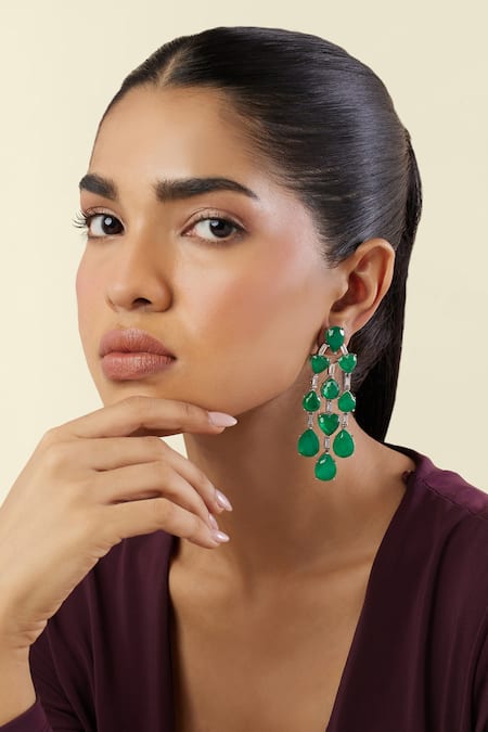 Shop_Isharya_Green Gemstones, Crystals Emerald Waterfall Luxe Rhodium Plated Earrings _Online_at_Aza_Fashions