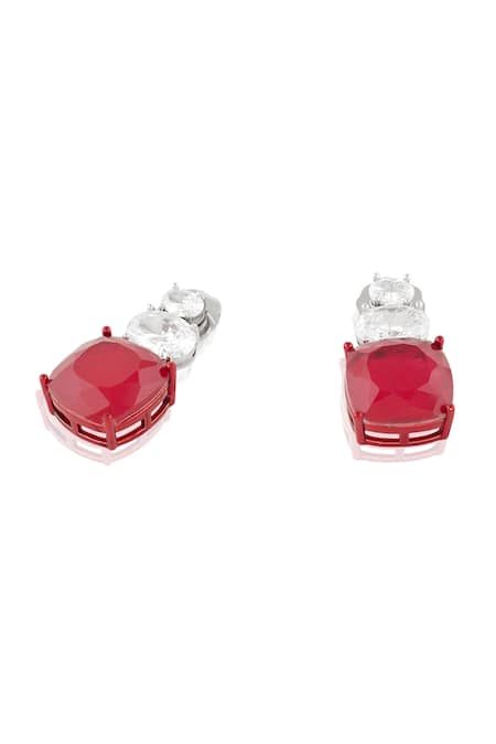 Isharya Red Crystals, Stones Crimson Elegance Rhodium Plated Dangler Earrings Online at Aza Fashions Isharya_Red Crystals, Stones Crimson Elegance Rhodium Plated Dangler Earrings_Online_at_Aza_Fashions