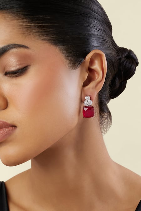 Shop Isharya Red Crystals, Stones Crimson Elegance Rhodium Plated Dangler Earrings Online at Aza Fashions Shop_Isharya_Red Crystals, Stones Crimson Elegance Rhodium Plated Dangler Earrings_Online_at_Aza_Fashions