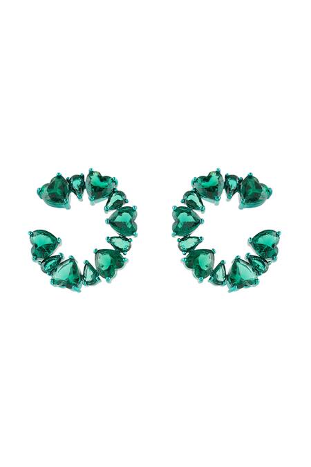 Shop Isharya Green Crystals, Stones Emerald Halo Rhodium Plated Studs at Aza Fashions Shop_Isharya_Green Crystals, Stones Emerald Halo Rhodium Plated Studs _at_Aza_Fashions
