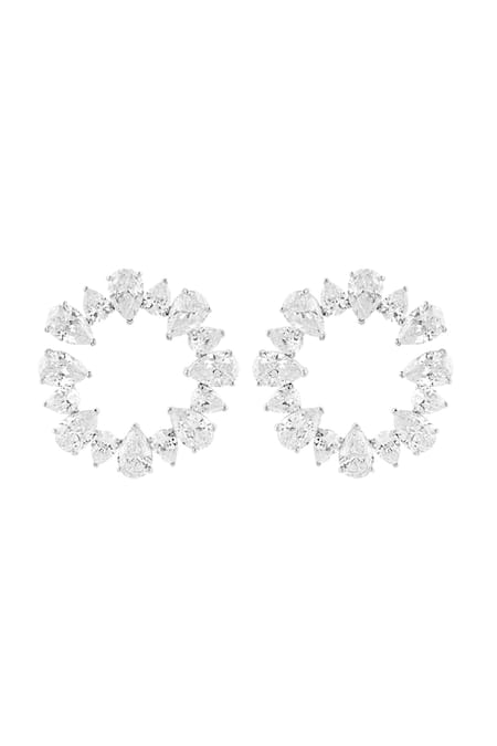 Shop Isharya White Crystals Eternal Glow Circle Rhodium Plated Hoops at Aza Fashions Shop_Isharya_White Crystals Eternal Glow Circle Rhodium Plated Hoops_at_Aza_Fashions