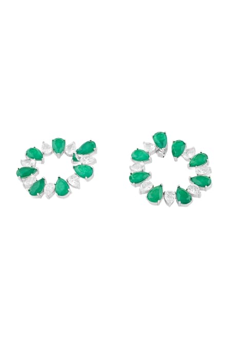 Isharya Green Stones, Crystals Emerald Glow Rhodium Plated Circle Hoops Online at Aza Fashions Isharya_Green Stones, Crystals Emerald Glow Rhodium Plated Circle Hoops _Online_at_Aza_Fashions