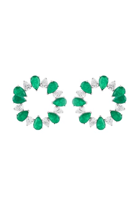 Shop Isharya Green Stones, Crystals Emerald Glow Rhodium Plated Circle Hoops at Aza Fashions Shop_Isharya_Green Stones, Crystals Emerald Glow Rhodium Plated Circle Hoops _at_Aza_Fashions