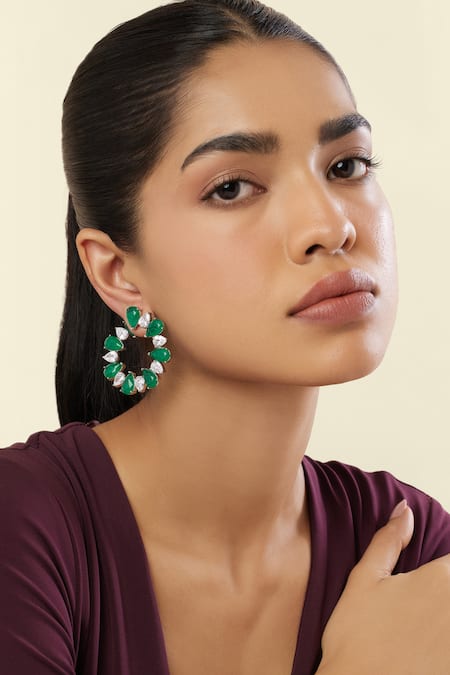 Shop Isharya Green Stones, Crystals Emerald Glow Rhodium Plated Circle Hoops Online at Aza Fashions Shop_Isharya_Green Stones, Crystals Emerald Glow Rhodium Plated Circle Hoops _Online_at_Aza_Fashions