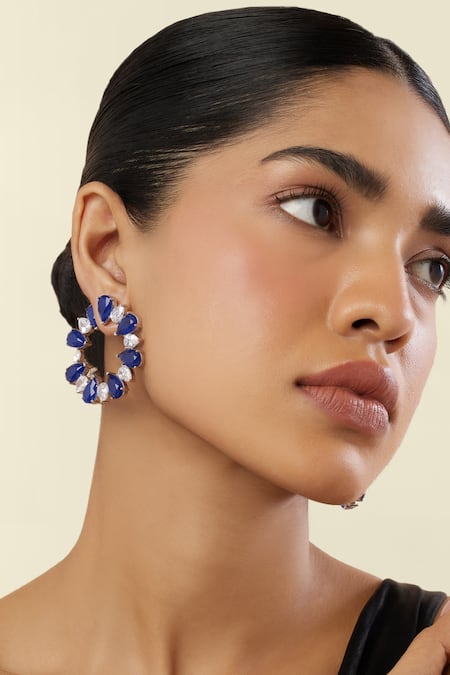 Isharya Blue Crystals Sapphire Glow Rhodium Plated Circle Studs 