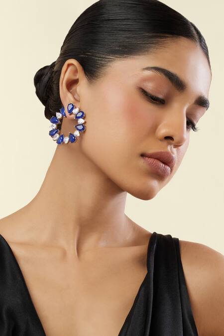 Shop_Isharya_Blue Crystals Sapphire Glow Rhodium Plated Circle Studs _Online_at_Aza_Fashions