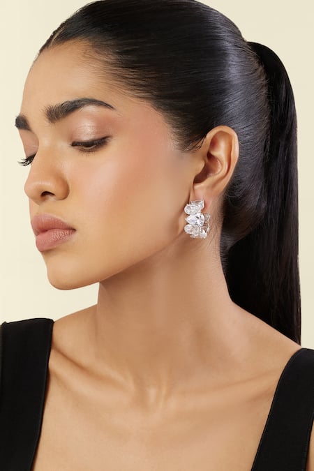 Shop_Isharya_White Crystals Luxe Glow Statement Rhodium Plated Hoops_Online_at_Aza_Fashions