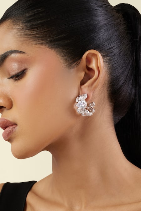 Isharya White Crystals Luxe Glow Statement Rhodium Plated Hoops 