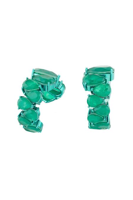 Isharya_Green Stones Emerald Glow Rhodium Plated Statement Hoops_Online_at_Aza_Fashions