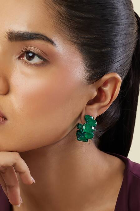 Shop_Isharya_Green Stones Emerald Glow Rhodium Plated Statement Hoops_Online_at_Aza_Fashions