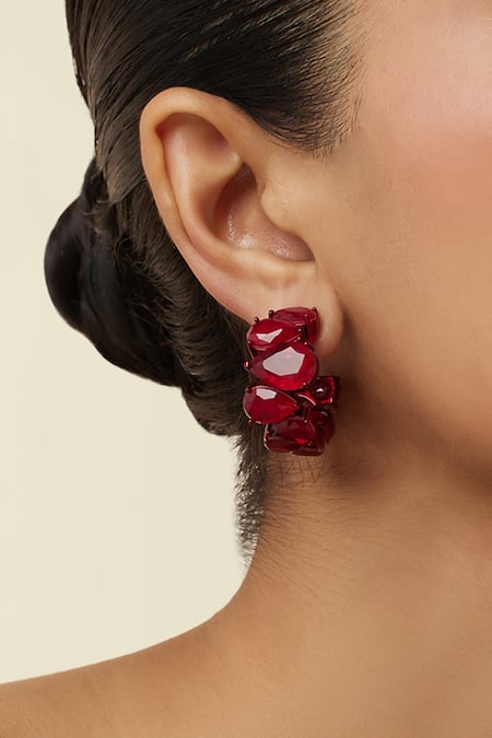 Shop_Isharya_Red Imitation Gemstones Crimson Glow Statement Rhodium Plated Hoops_Online_at_Aza_Fashions
