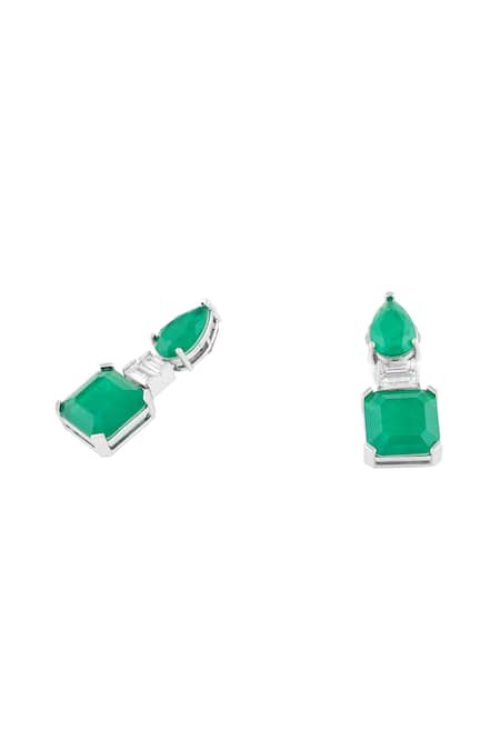Isharya_Green Crystals, Stones Emerald Radiance Rhodium Plated Dangle Earrings _Online_at_Aza_Fashions