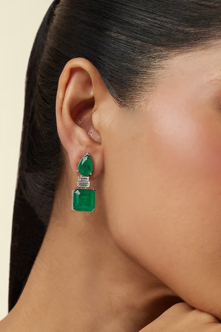 Shop_Isharya_Green Crystals, Stones Emerald Radiance Rhodium Plated Dangle Earrings _Online_at_Aza_Fashions