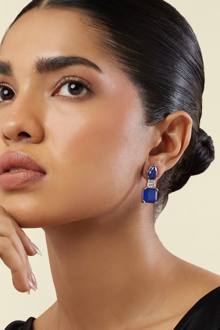 Isharya Blue Crystals Sapphire Radiance Rhodium Plated Dangle Earrings 