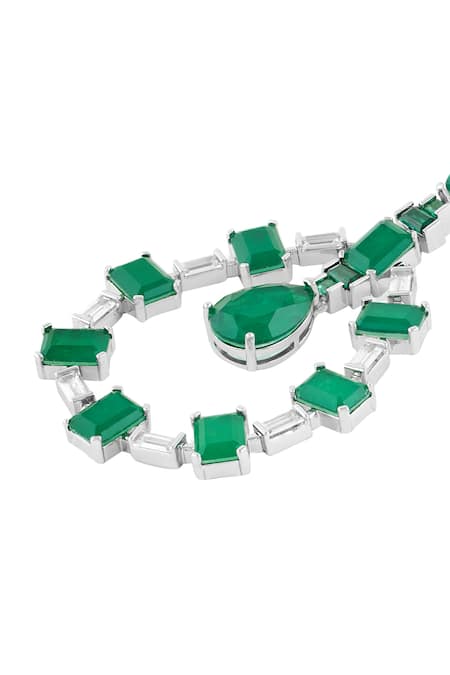 Isharya_Green Stones, Crystals Emerald Luxe Rhodium Plated Dangler Earrings _Online_at_Aza_Fashions